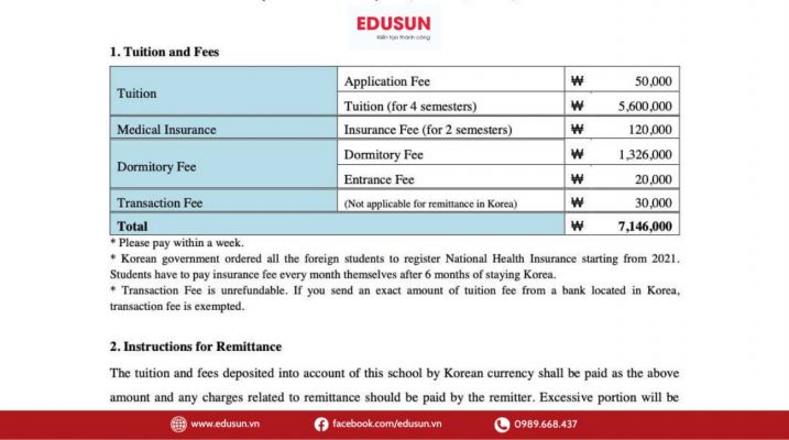 Invoice du học Hàn Quốc