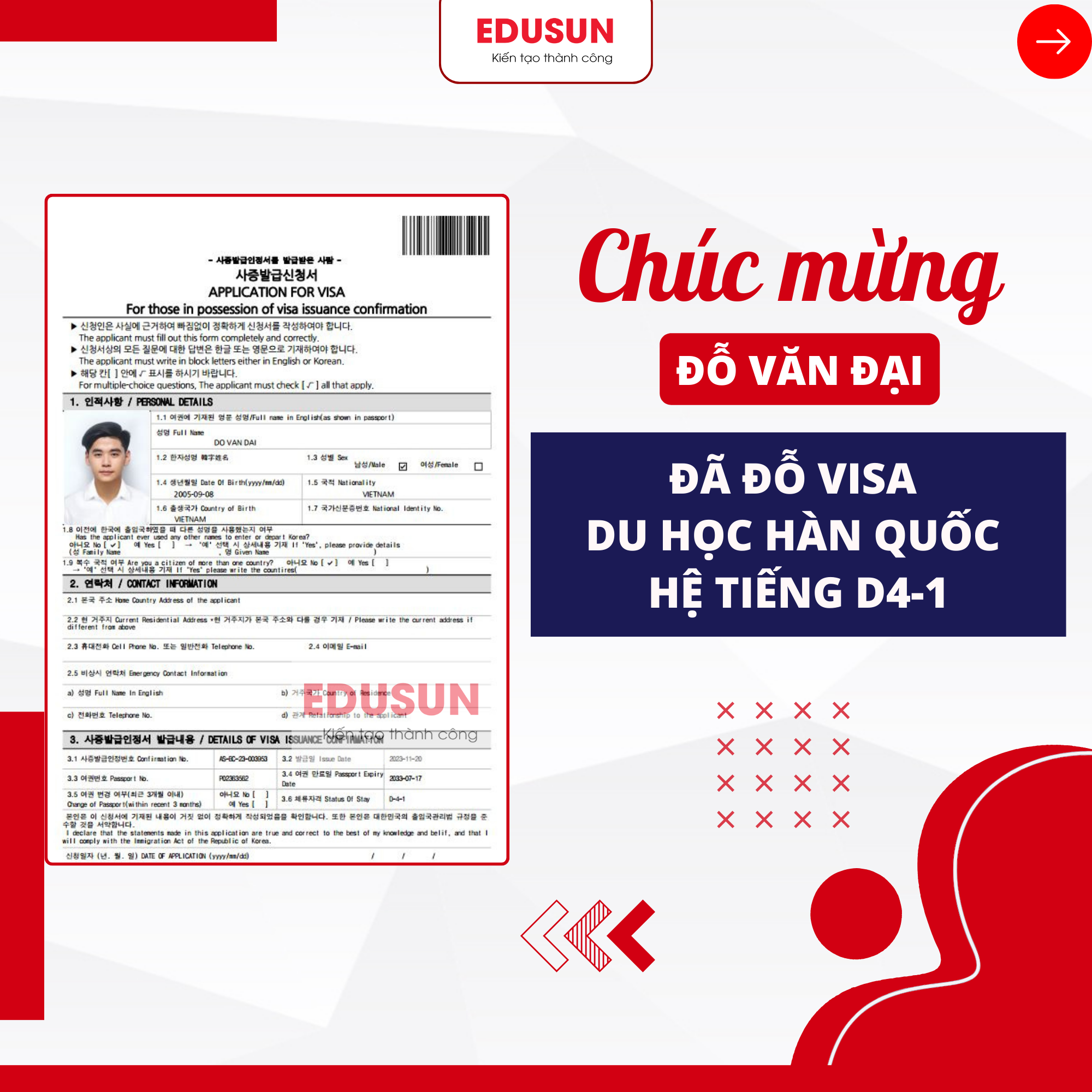 Học viên Đỗ Văn Đại đỗ visa hệ tiếng D4-1