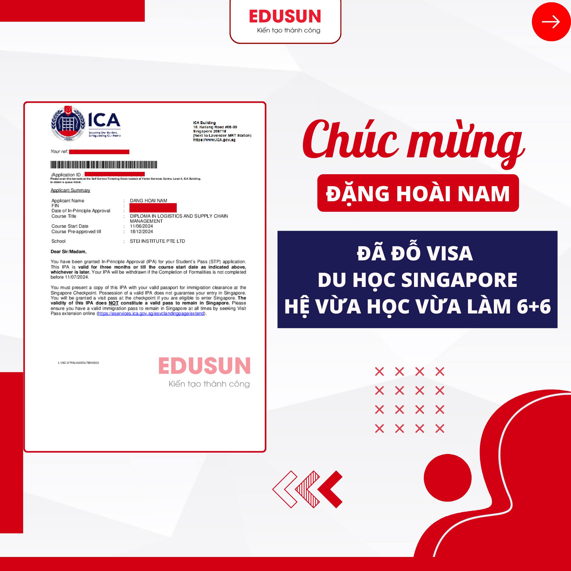 Visa Đặng Hoài Nam du học Singapore
