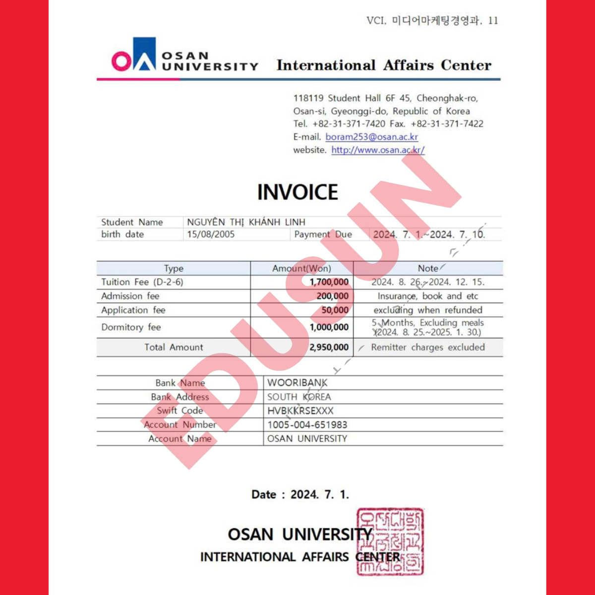 Invoice Đại học Osan