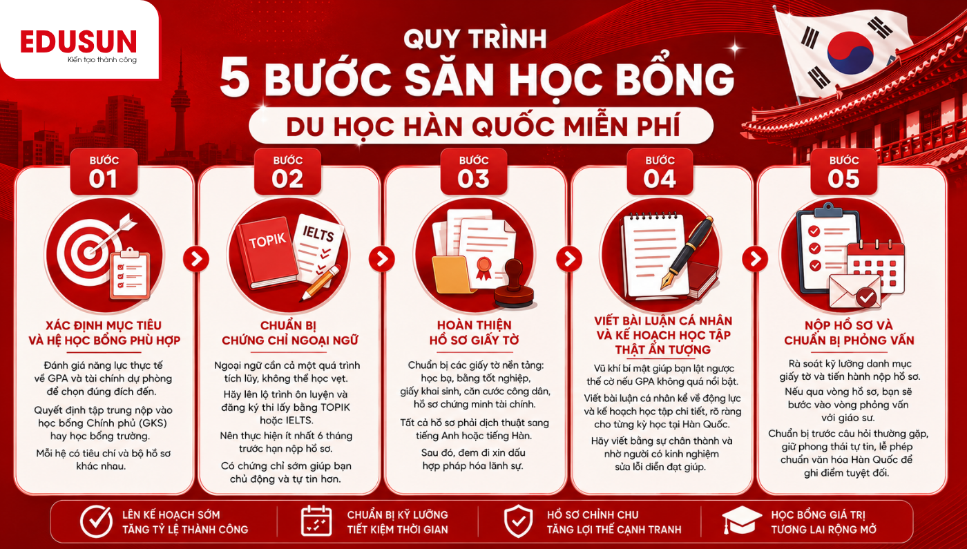 Quy trình 5 bước săn học bổng du học Hàn Quốc miễn phí.