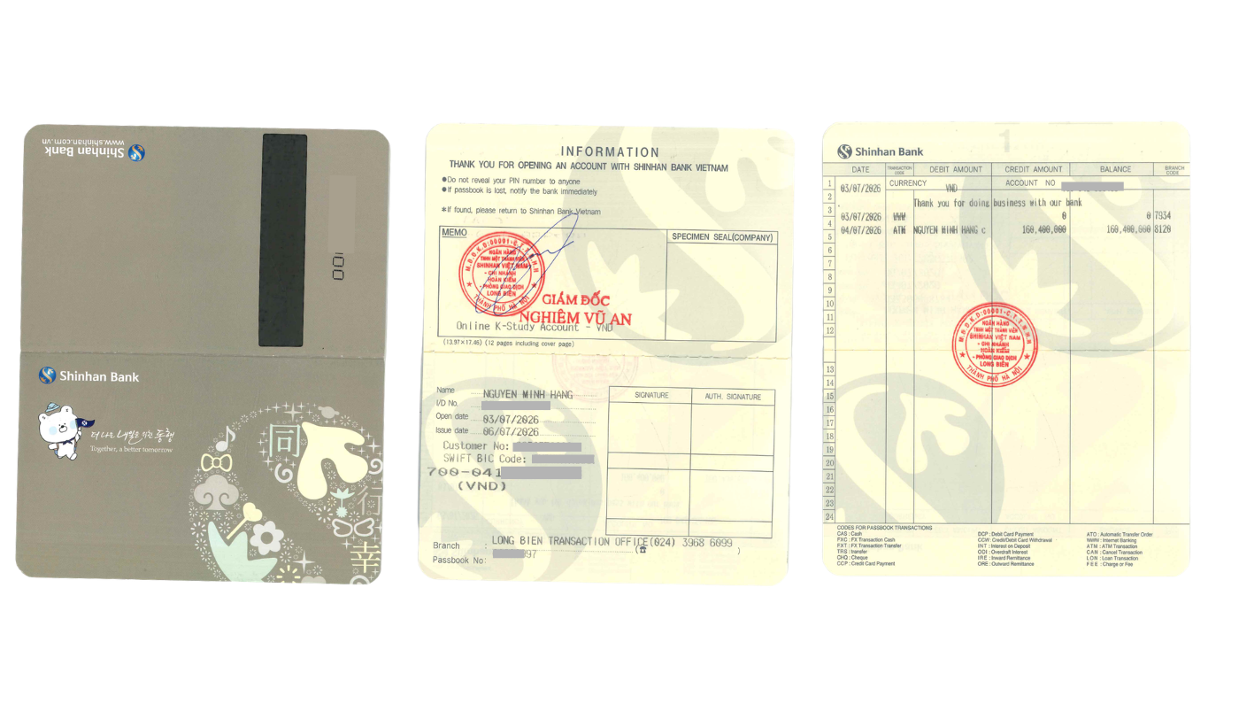 Hình ảnh các trang bên trong sổ tiết kiệm đóng băng K-Study của ngân hàng Shinhan dành cho du học sinh Hàn Quốc.