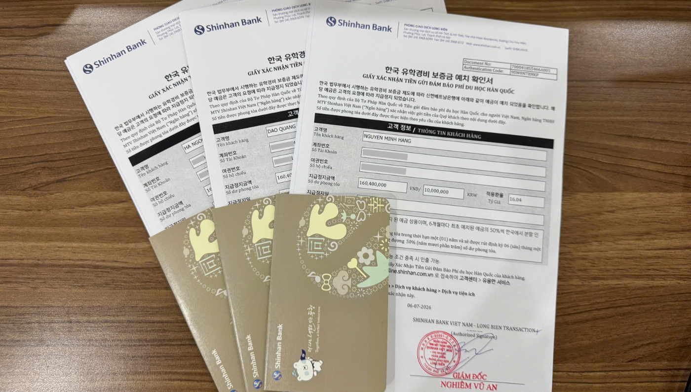 Giấy xác nhận tiền gửi đóng băng du học Hàn Quốc của ngân hàng Shinhan