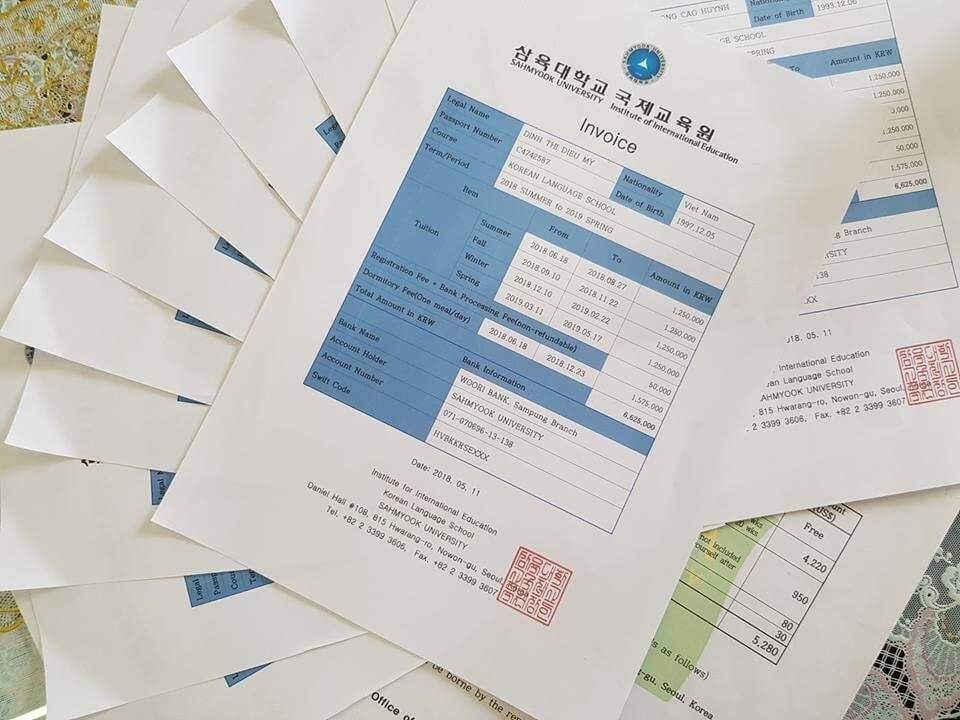Mẫu hóa đơn thông báo học phí Invoice từ trường Đại học Sahmyook Hàn Quốc