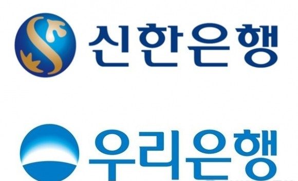 Logo ngân hàng Shinhan Bank, Woori Bank kèm bảng so sánh.