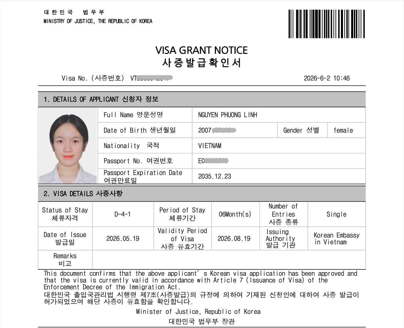 Visa du học Hàn Quốc D4-1 hệ học tiếng được cấp mới nhất