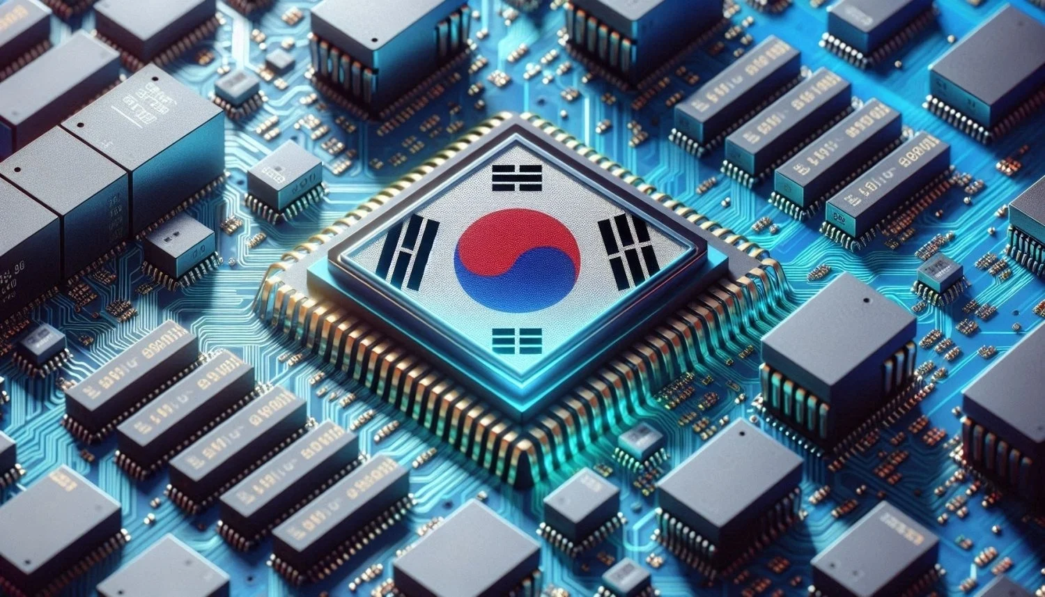 Hình ảnh con chip vi mạch mang biểu tượng quốc kỳ Hàn Quốc nổi bật trên bảng mạch điện tử thuộc nhóm ngành bán dẫn.