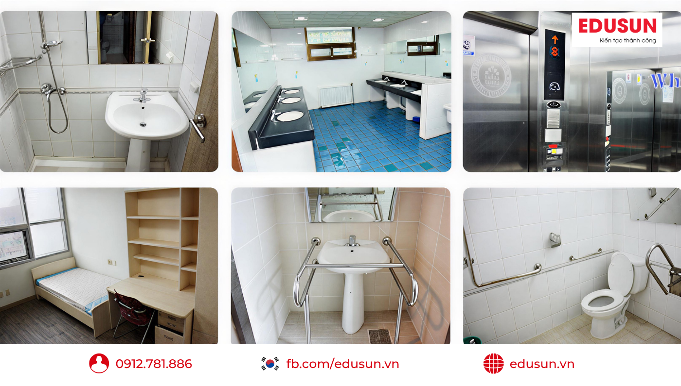 Hình ảnh tổng hợp không gian phòng ở, khu vực sinh hoạt chung và tiện ích bên trong ký túc xá Đại học Hannam.