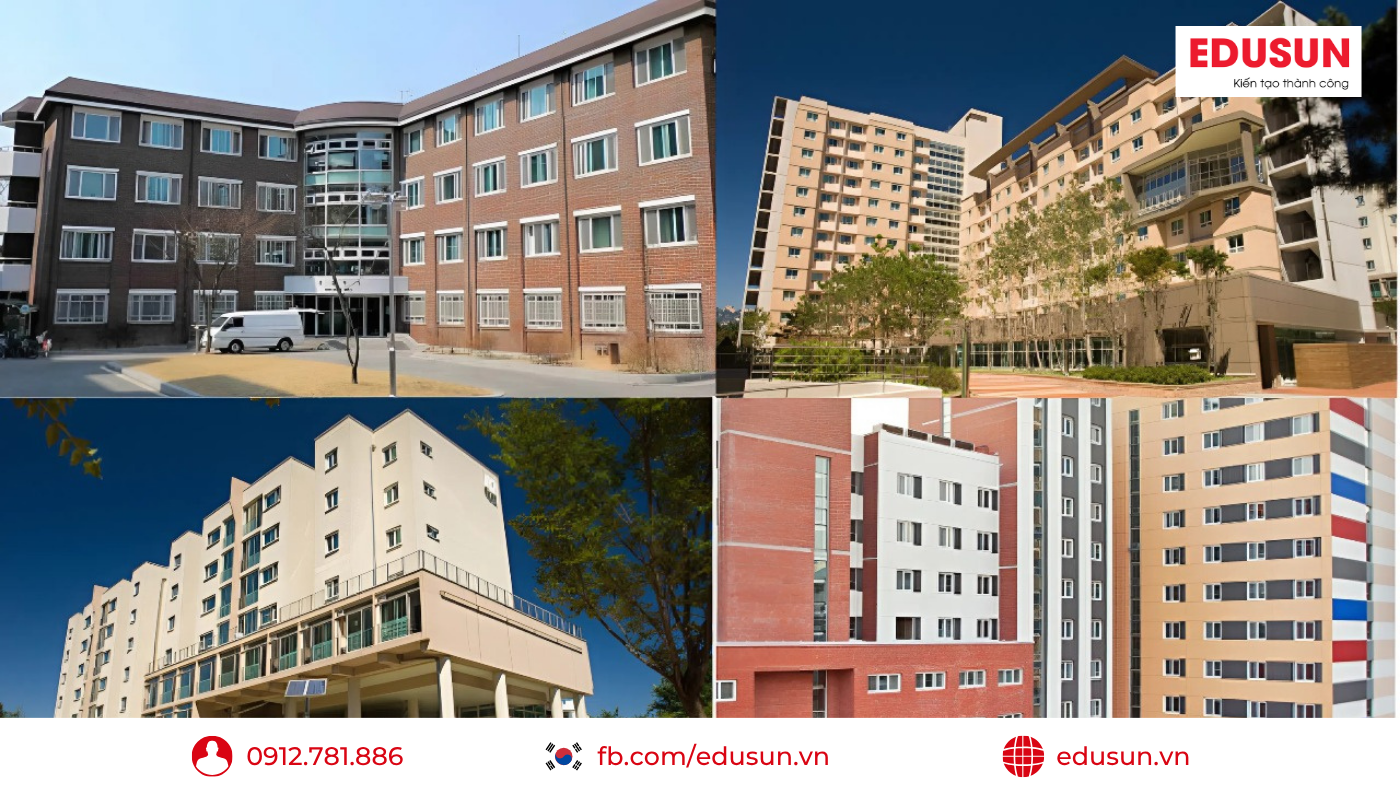 Hình ảnh tổng hợp các tòa nhà ký túc xá khang trang và hiện đại tại Đại học Seoultech.