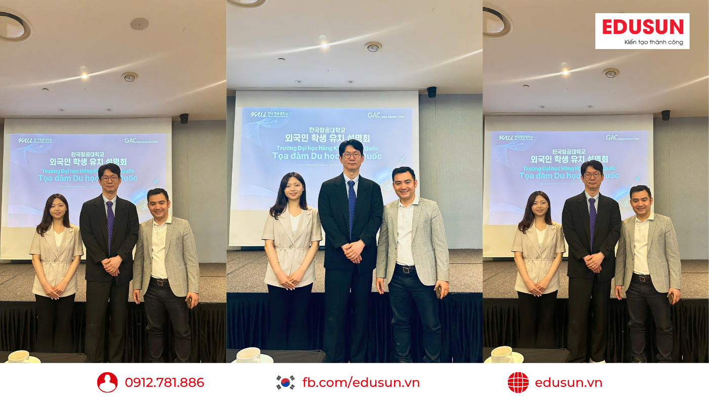Khách mời và ban tổ chức tại buổi tọa đàm du học Hàn Quốc trường Đại học Hàng không Hàn Quốc (KAU)
