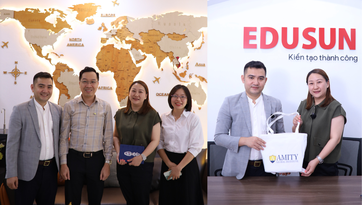 Hình ảnh lưu niệm đánh dấu sự hợp tác thành công giữa trung tâm tư vấn du học EduSun và đại diện trường Amity Global Institute Singapore.